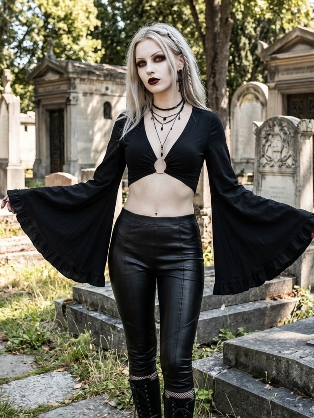 Gothic Bell-Sleeve Crop Top in Black